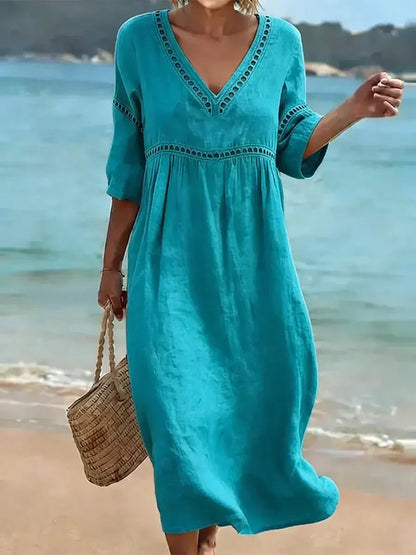 🌿🌿Women's Solid Color Retro Casual Stylish Vacation Cotton Dress