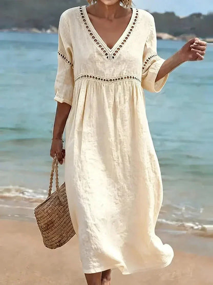 🌿🌿Women's Solid Color Retro Casual Stylish Vacation Cotton Dress