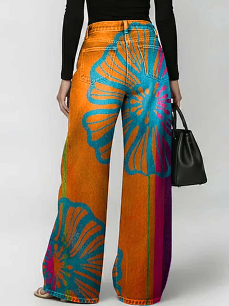 ✨Women's Retro Floral Art Print Casual Stylish Hollow Denim Pants