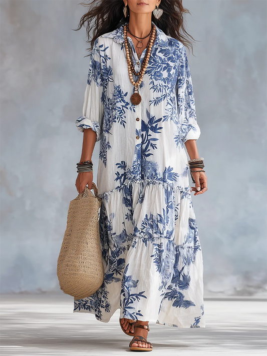 ✨Retro Boho Blue Floral Print Cotton Dress✨