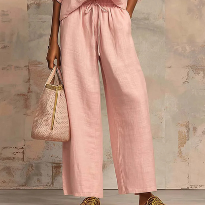 🌿🌿Women's Solid 2-Piece Tracksuit Set with Puff Sleeves & Wide-Leg Pants