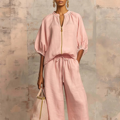 🌿🌿Women's Solid 2-Piece Tracksuit Set with Puff Sleeves & Wide-Leg Pants