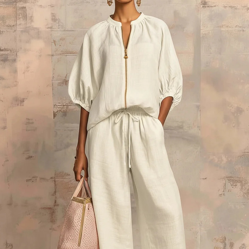 🌿🌿Women's Solid 2-Piece Tracksuit Set with Puff Sleeves & Wide-Leg Pants