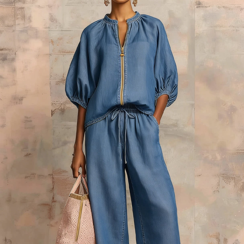 🌿🌿Women's Solid 2-Piece Tracksuit Set with Puff Sleeves & Wide-Leg Pants