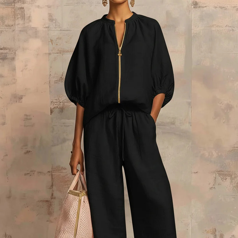 🌿🌿Women's Solid 2-Piece Tracksuit Set with Puff Sleeves & Wide-Leg Pants
