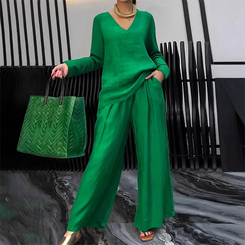 🍀🍀 NEW! Women's V-Neck Lounge Set with Wide-Leg Pants