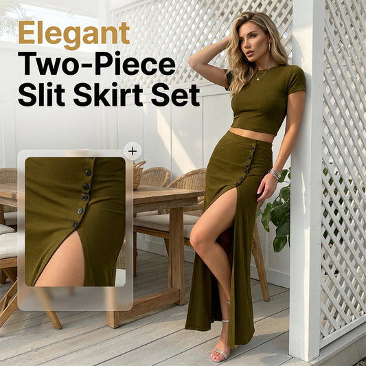 ✨Women's Short Sleeve Top and Slit Midi Skirt Set