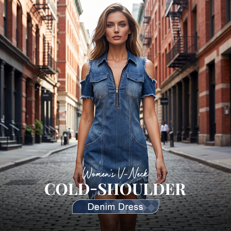 ✨TIJDELIJK, 50% KORTING! 👖 Dames koude schouder denim jurk – V-hals, vloeiend, boho 🌼