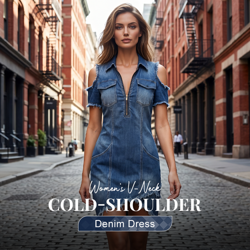 ✨TIJDELIJK, 50% KORTING! 👖 Dames koude schouder denim jurk – V-hals, vloeiend, boho 🌼