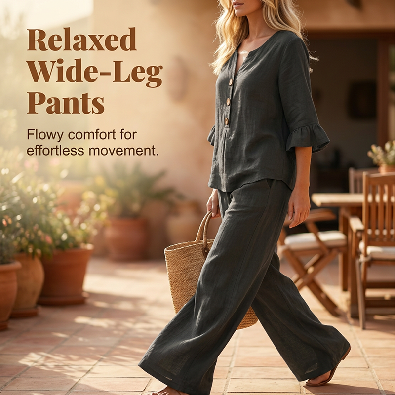 👚👖 Women's Ruffled Top and Wide-Leg Pants Set – Elegant and Comfortable✨