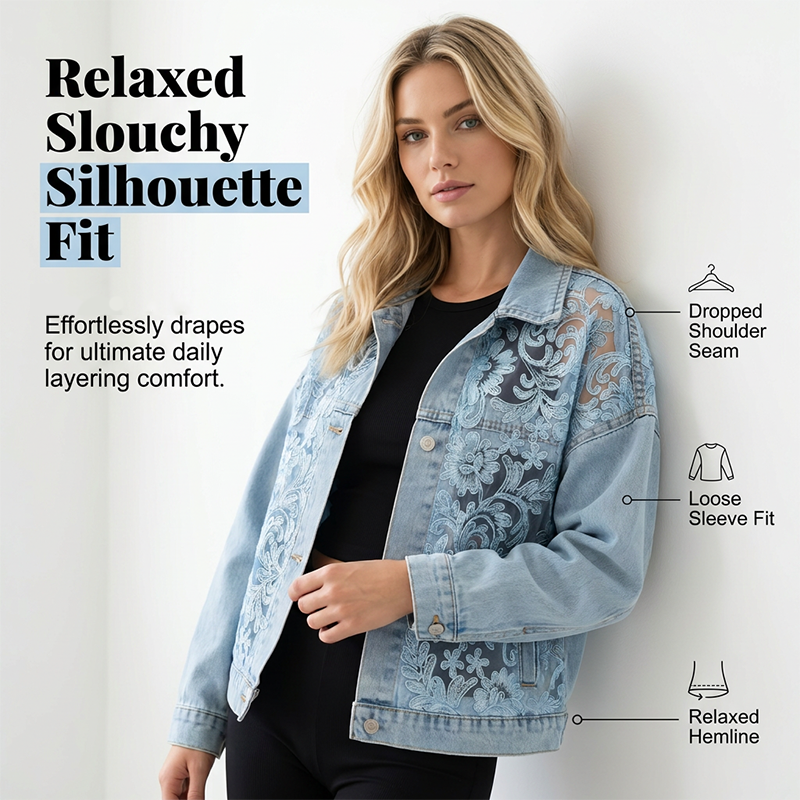 ✨✨Women's Loose Floral Lace Patchwork Denim Jacket