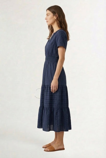 Smocked Waist Long Dress –  V-Neck, Puff Sleeves & Pockets